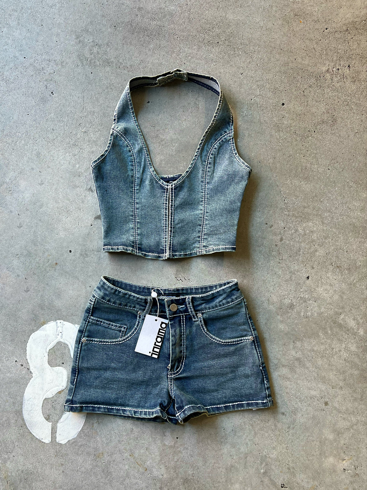 INRAMA Cyrell Denim Shorts in Vintage Blue – styled on model