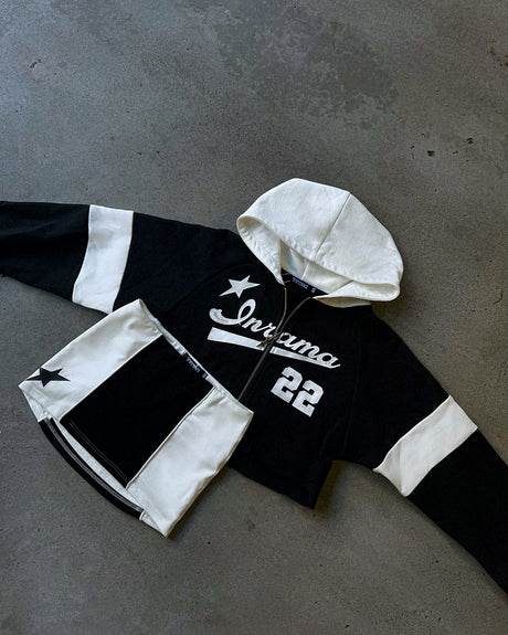 CLUB22 CROPPED ZIP HOODIE - BLACK / WHITE