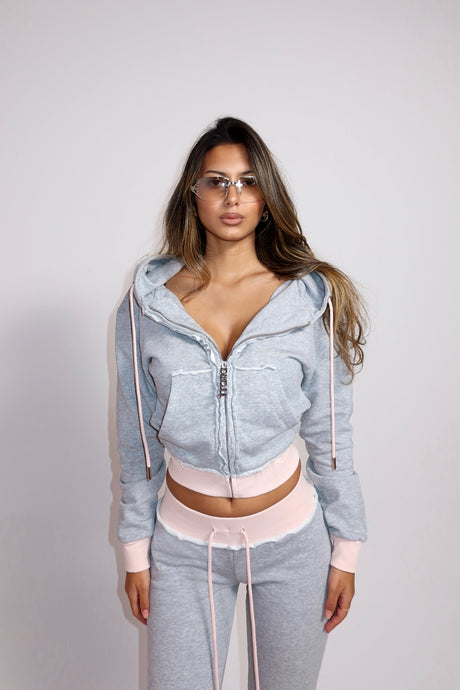 BABY DOLL ZIP HOODIE - GREY / BABY PINK