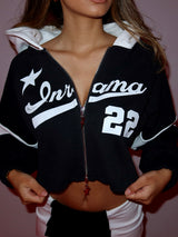 CLUB22 CROPPED ZIP HOODIE - BLACK / WHITE