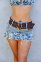 KYRA DENIM SKIRT - BLUE / BROWN