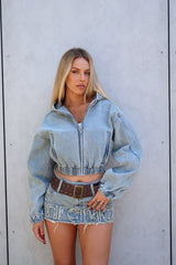 KYRA DENIM SKIRT - BLUE / BROWN