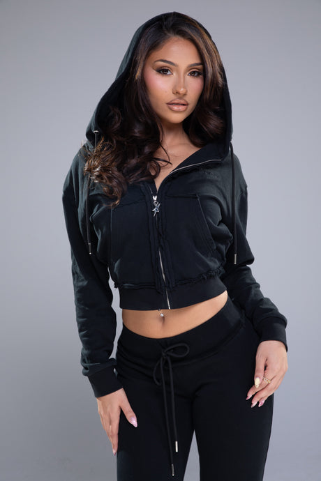 BABY DOLL ZIP HOODIE - BLACK