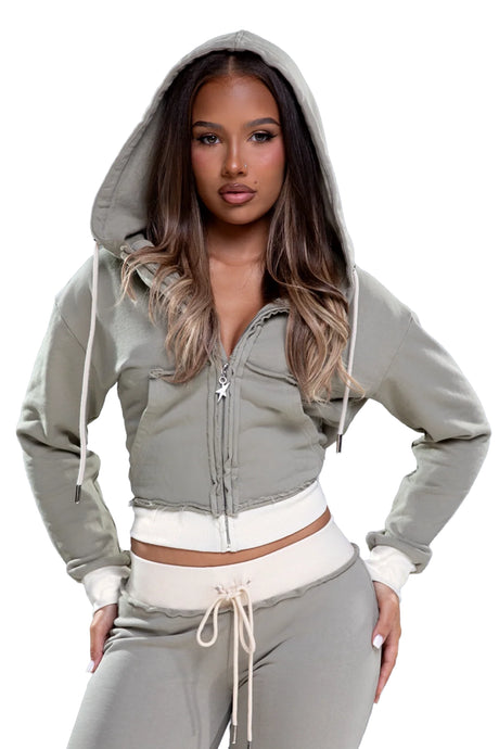 BABY DOLL ZIP HOODIE - KHAKI / CREAM